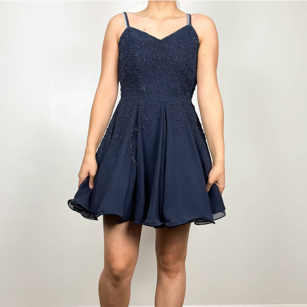 Niteline Della Roufogali Vintage Blue Silk Beaded Strappy Mini Dress Size 4